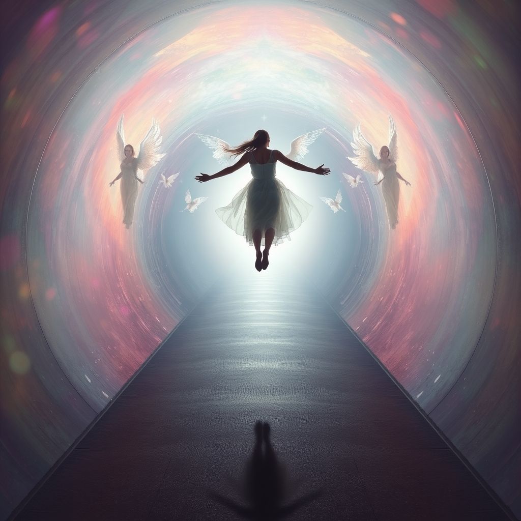 Una persona experimentando una ECM, flotando hacia una luz brillante al final de un túnel, con figuras angelicales a su alrededor. Estilo de arte surrealista.