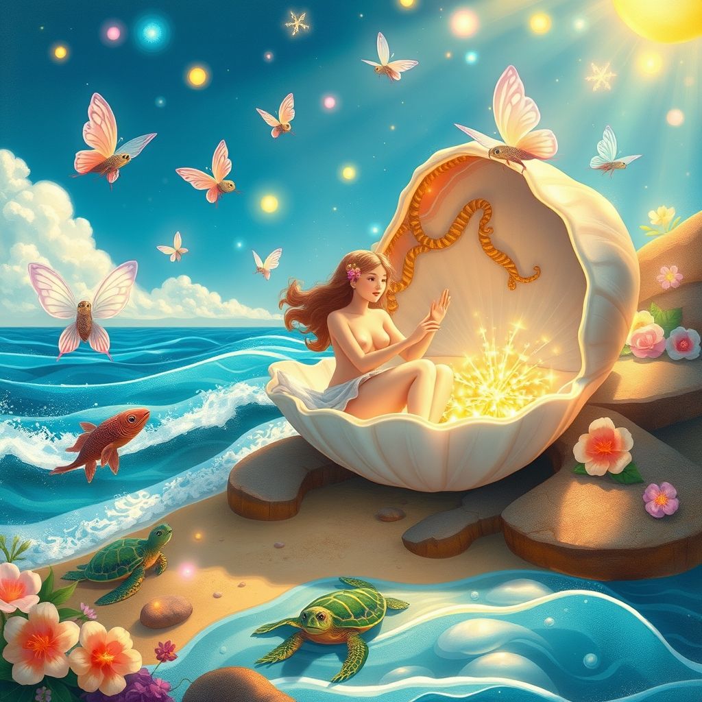 'El Nacimiento de Venus' de Botticelli con elementos de fantasía añadidos, como hadas y criaturas marinas mágicas, en estilo de ilustración de libro infantil.