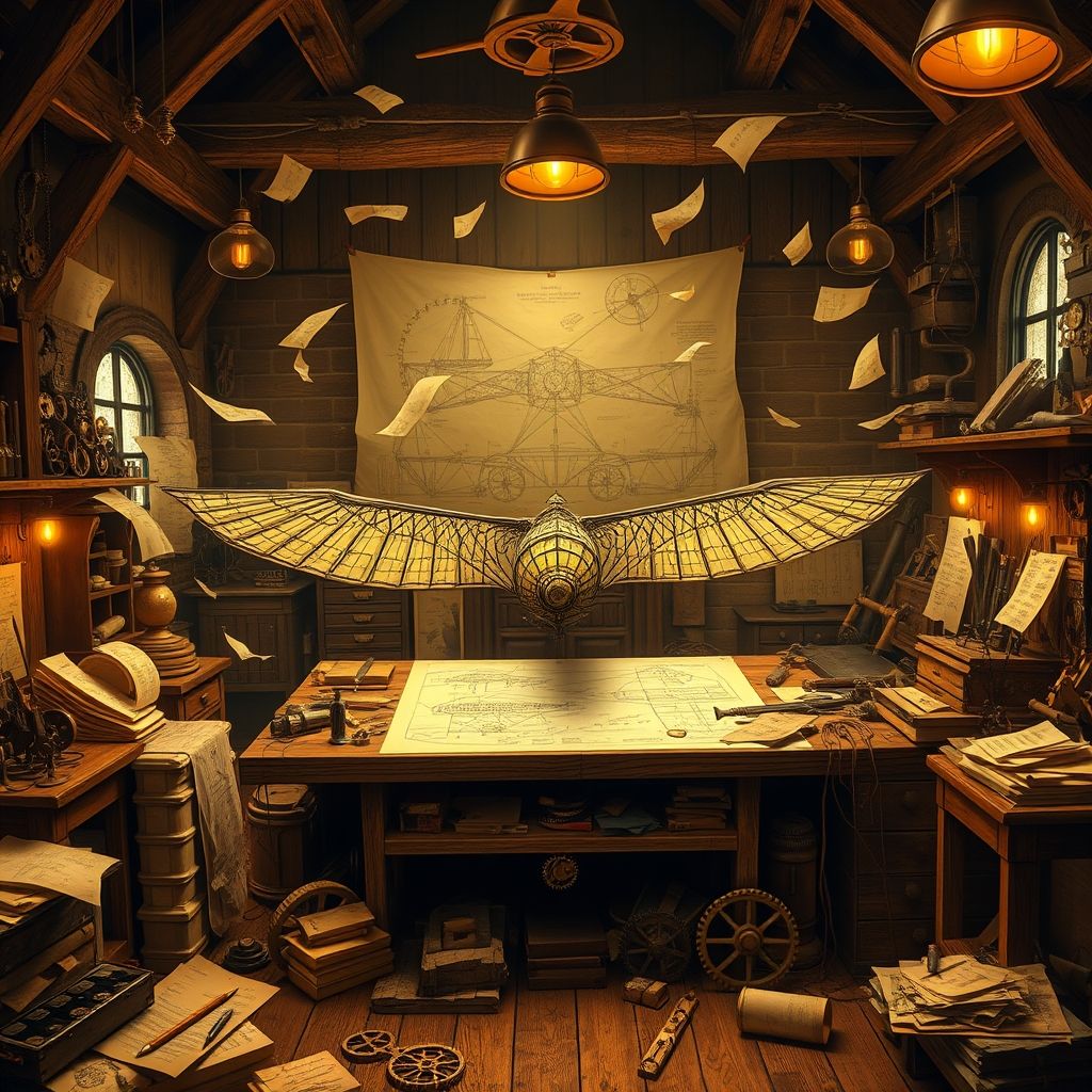 Un taller de Leonardo da Vinci lleno de diseños de máquinas voladoras, con un toque Steampunk, mostrando engranajes de latón y estética retrofuturista.