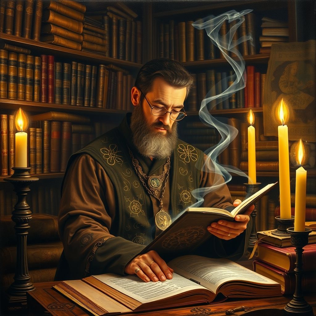 Un alquimista renacentista estudiando el Corpus Hermeticum a la luz de las velas, rodeado de libros y símbolos mágicos. Estilo de pintura al óleo clásico con un toque de fantasía.