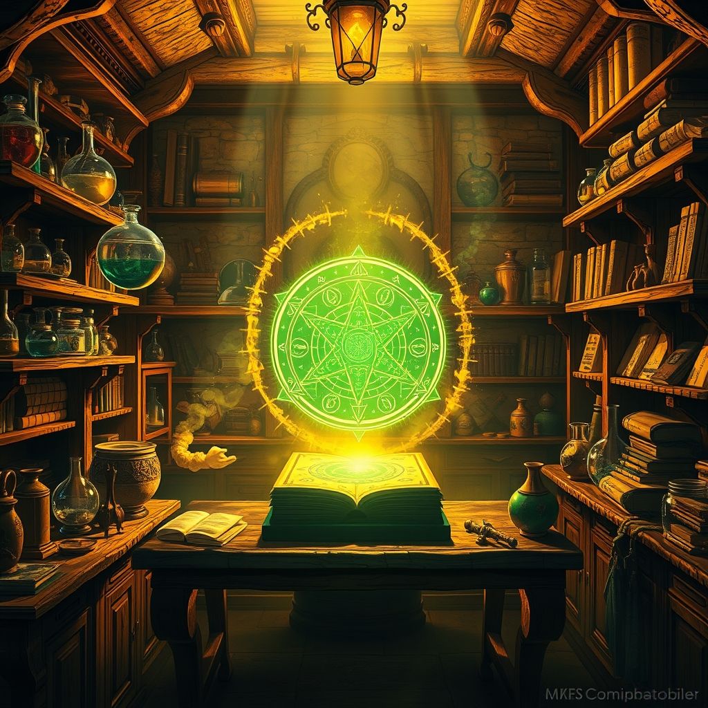 Un laboratorio alquímico renacentista con la Tabla de Esmeralda brillando en el centro, mostrando símbolos y diagramas mágicos. Estilo de arte conceptual para un videojuego de fantasía.