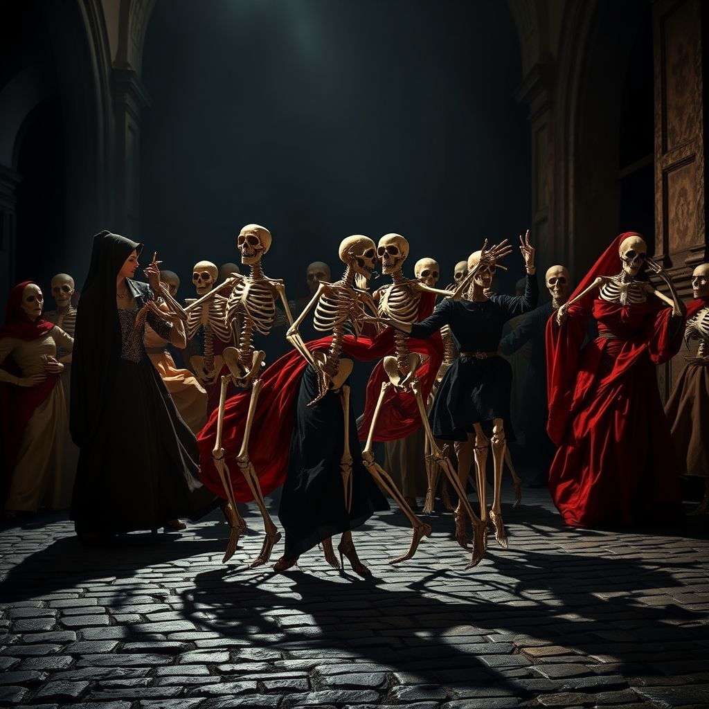 Una representación de la Danza de la Muerte en estilo renacentista, con esqueletos bailando con personas de todas las clases sociales. Ambiente oscuro y tenebroso.