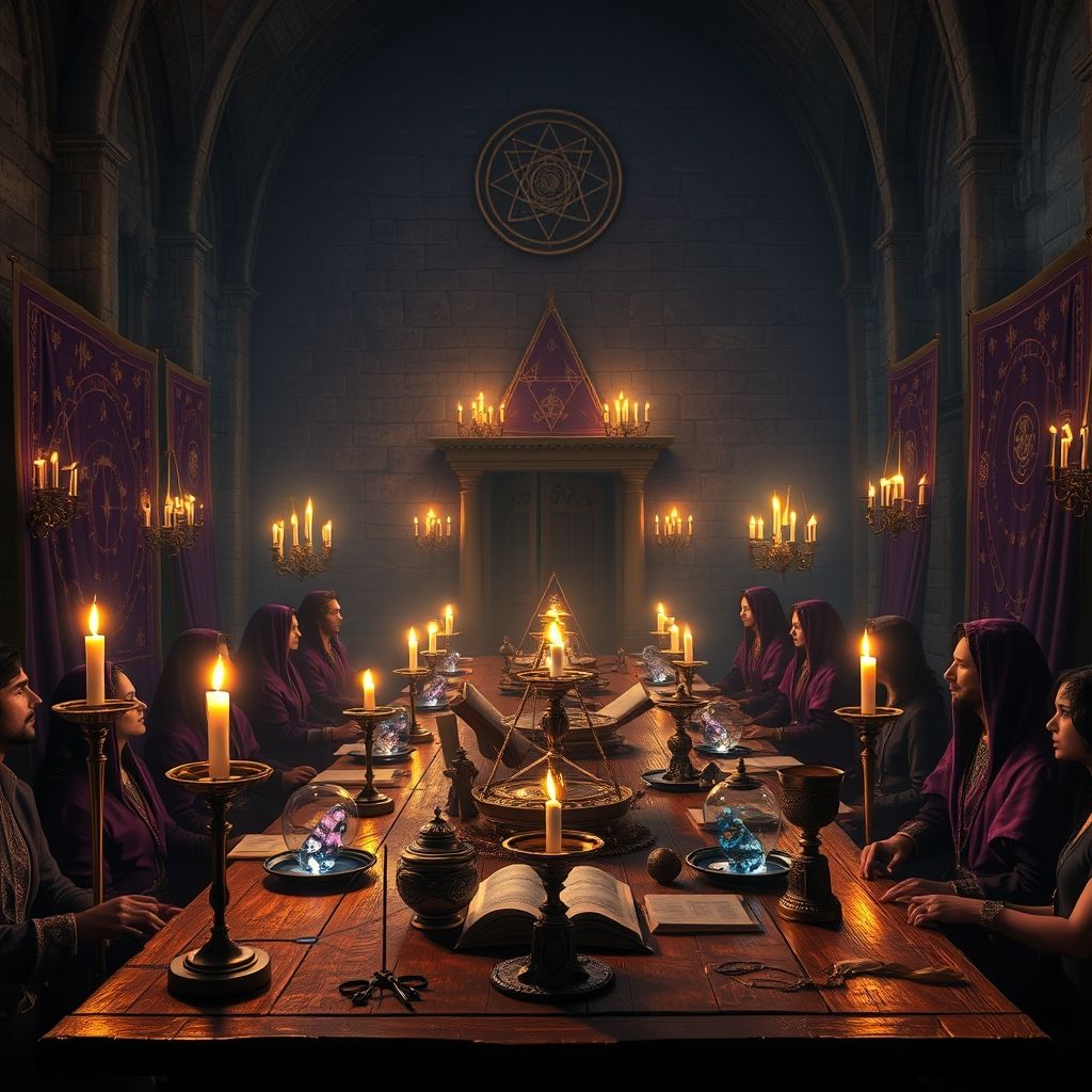 Una reunión secreta de miembros de la Rosa Cruz en un castillo renacentista, rodeados de símbolos esotéricos y objetos mágicos. Estilo de arte conceptual para un videojuego de fantasía.