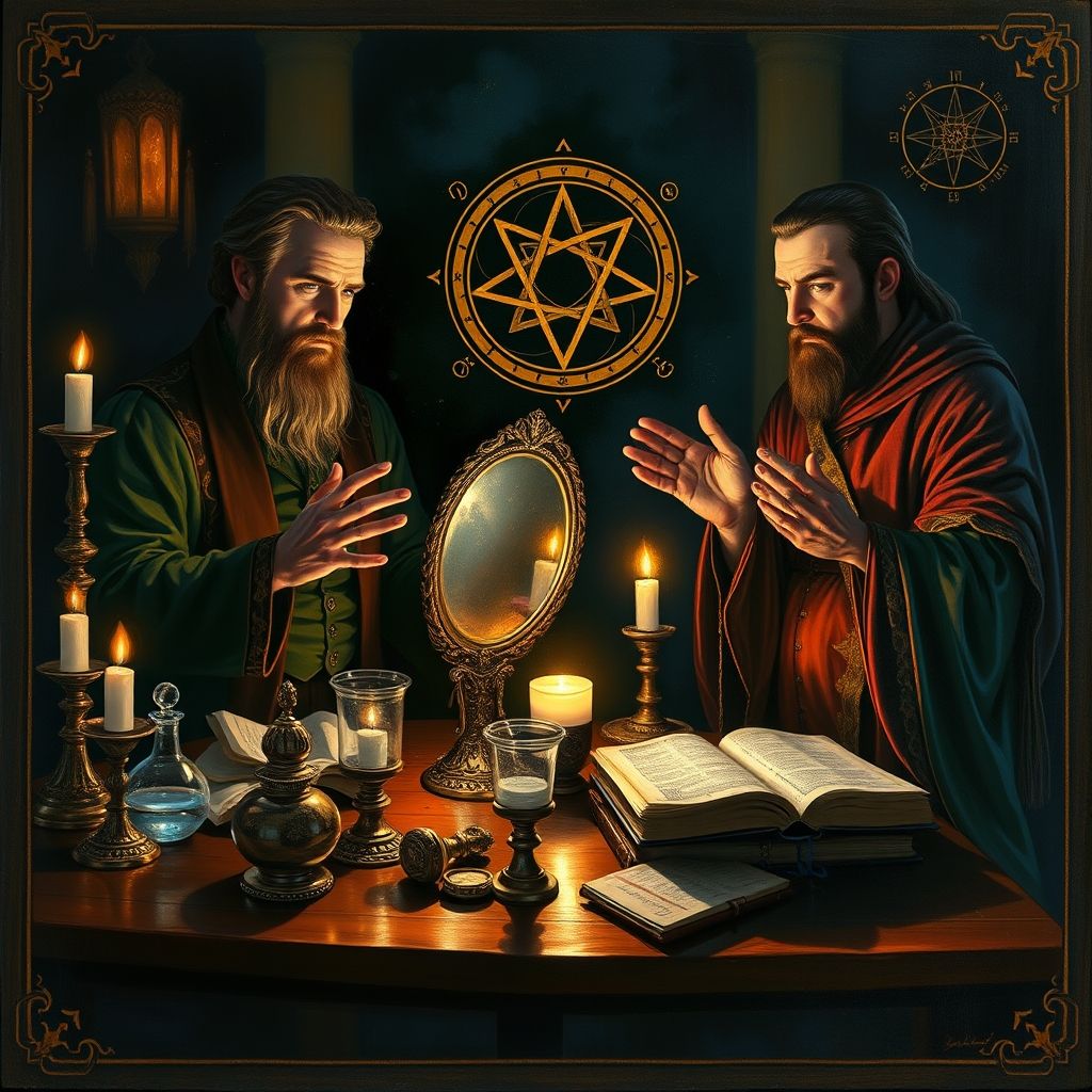 John Dee realizando un ritual Enochiano con su compañero Edward Kelley, rodeados de símbolos mágicos y herramientas alquímicas. Estilo de pintura al óleo clásico con un toque de fantasía.