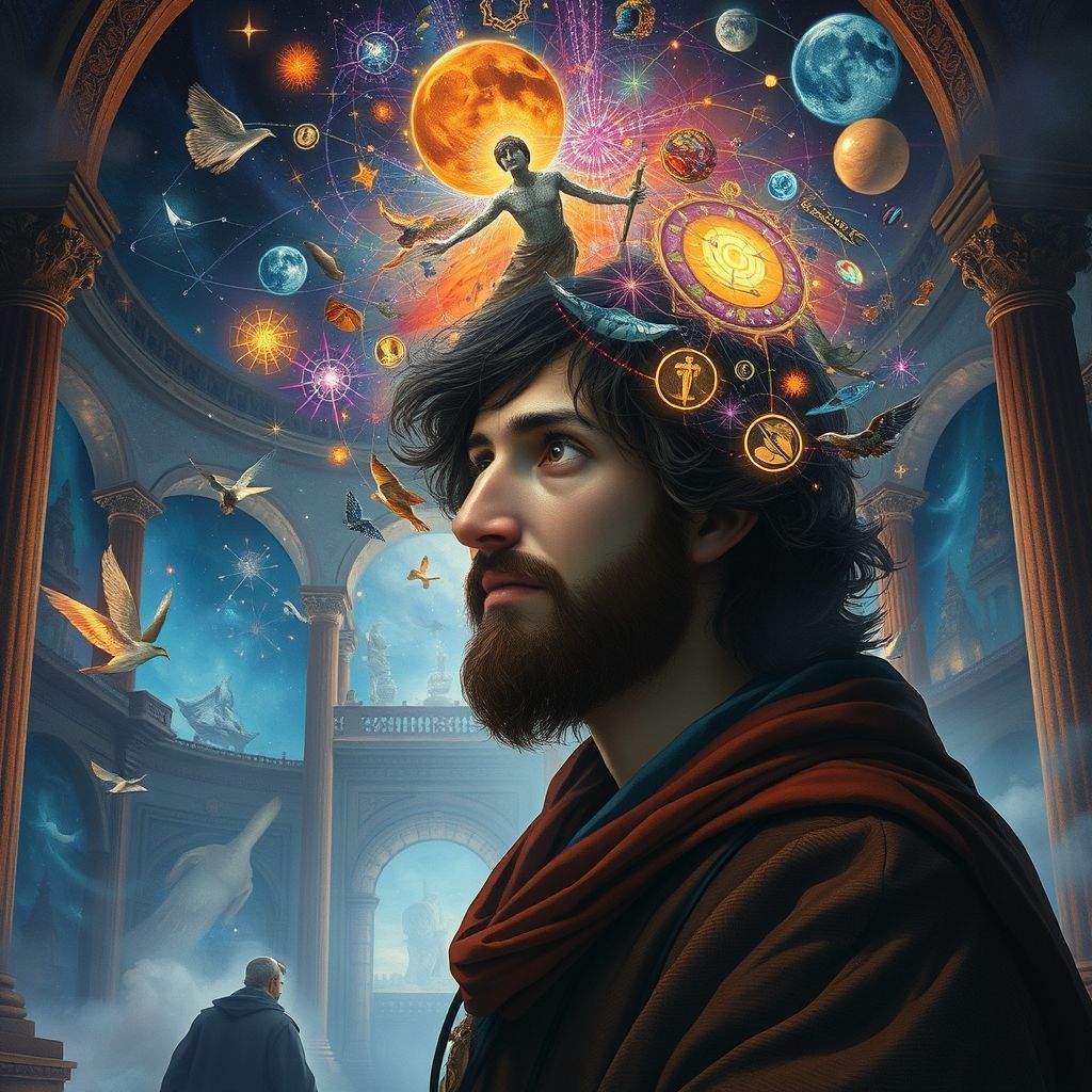 memoria artificial, con imágenes y símbolos flotando en su mente. Estilo de arte conceptual para una película de fantasía.