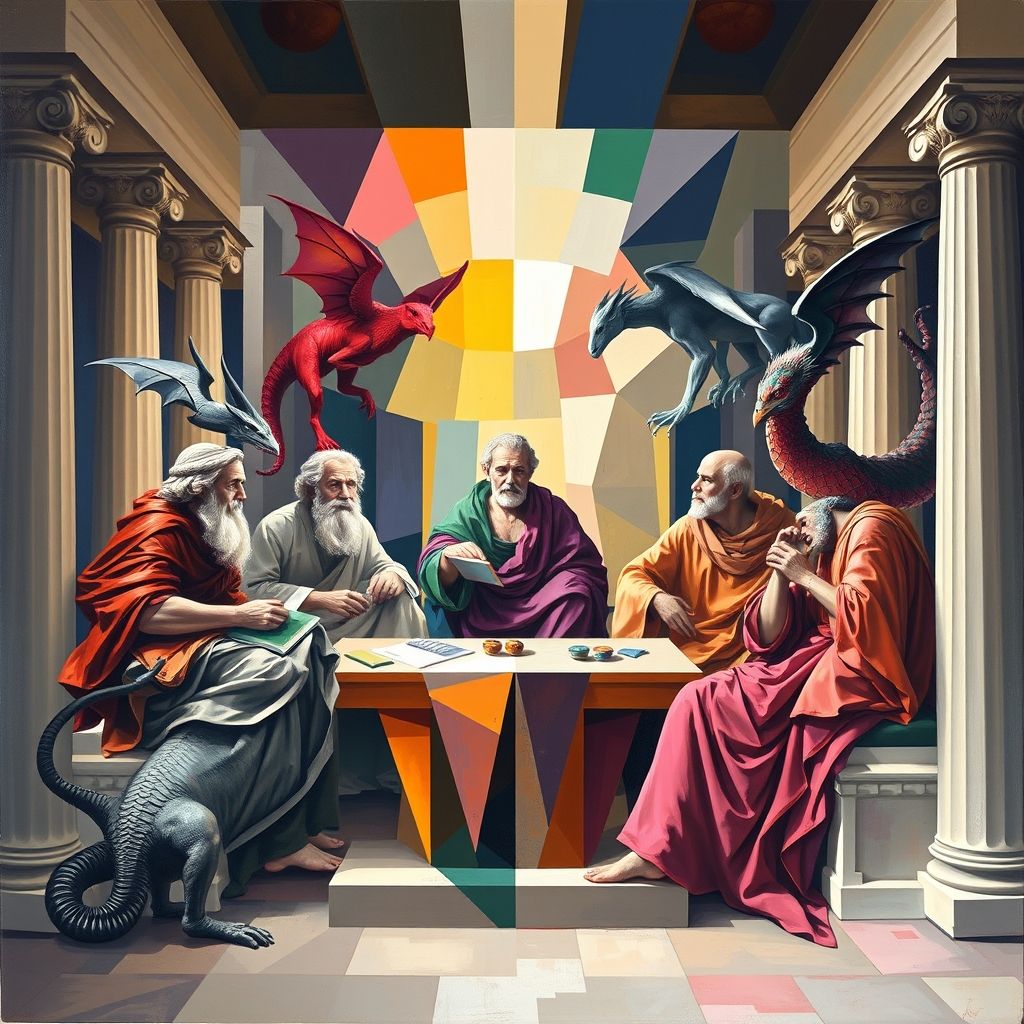 Una pintura al óleo en el estilo del Renacimiento que representa una versión abstracta y fantástica de 'La Escuela de Atenas'. Figuras filosóficas se representan con formas geométricas y colores vibrantes. Criaturas míticas están presentes, integrándose con los filósofos.