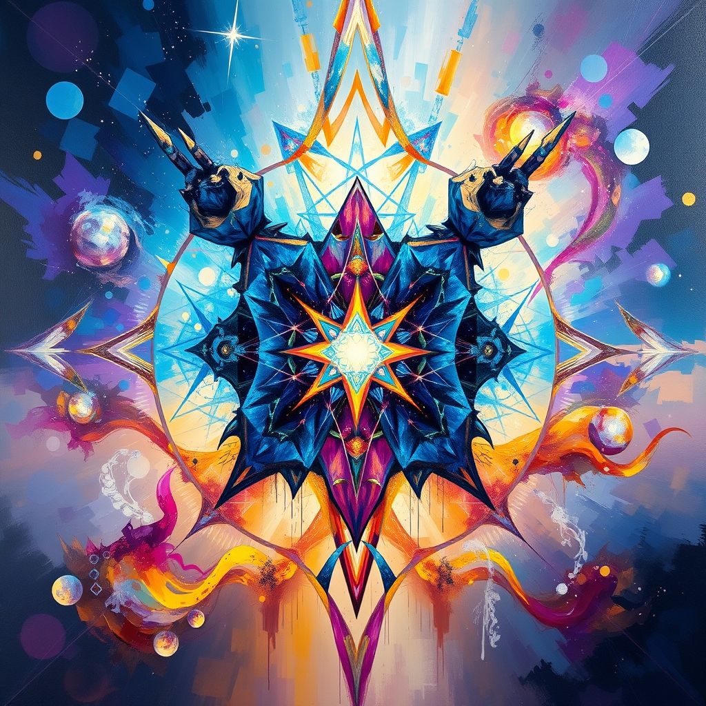Una pintura abstracta inspirada en la idea de entidades extradimensionales que canalizan información a través de un artista del Renacimiento. La imagen representa formas geométricas complejas, colores vibrantes y una sensación de energía cósmica. La escena evoca una sensación de asombro, misterio y la trascendencia de las limitaciones humanas.