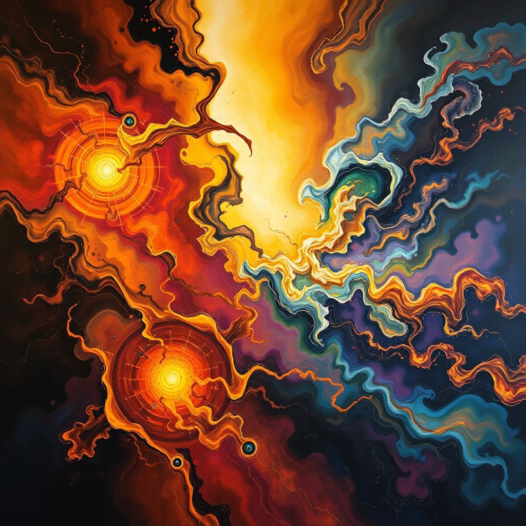 Una pintura abstracta que representa la idea de la conciencia cósmica renacentista desbloqueada a través del arte. La imagen presenta formas arremolinadas de colores vibrantes, patrones intrincados y una sensación de energía radiante. La escena evoca una sensación de asombro, unidad y la expansión de la conciencia.