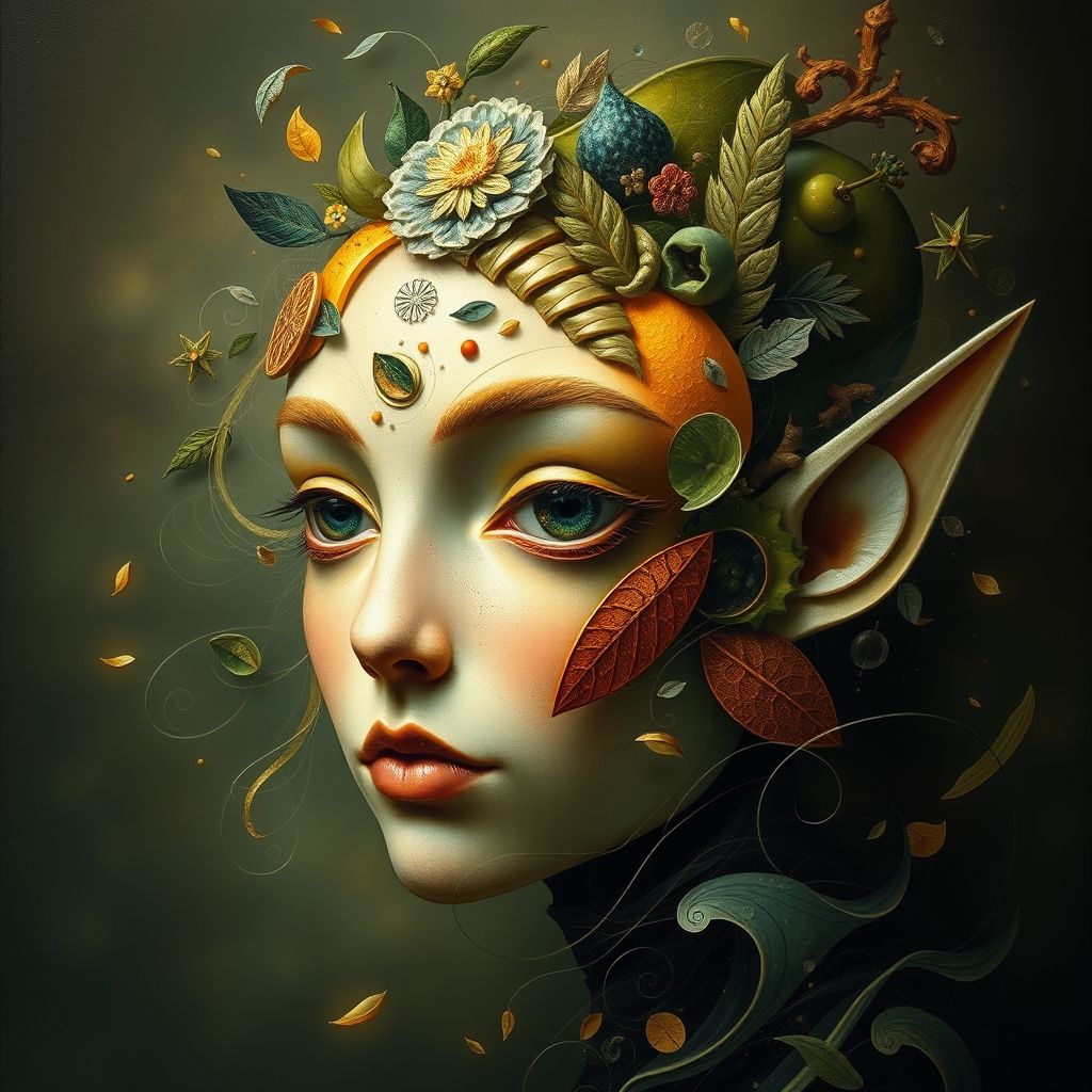 Un retrato en el estilo de Giuseppe Arcimboldo, pero hecho con formas abstractas y elementos de fantasía. En lugar de frutas y flores, utiliza fragmentos geométricos y texturas oníricas para crear un rostro fantástico que recuerde a un elfo del bosque.