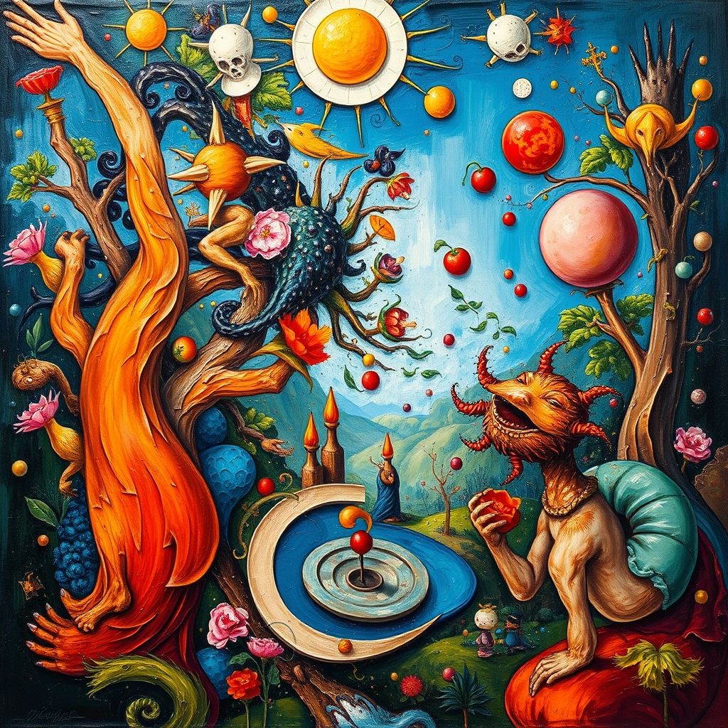 Una pintura abstracta inspirada en 'El Jardín de las Delicias' de Hieronymus Bosch. Formas intrincadas y colores contrastantes evocan la sensación de placer, tentación y condenación. No hay figuras explícitas, pero la composición general sugiere el paisaje fantástico de Bosch.
