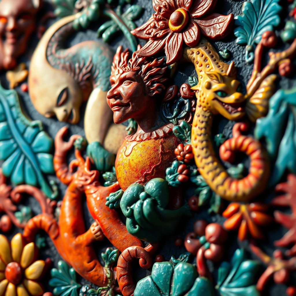 Un detalle de un diseño grutesco renacentista, mostrando una mezcla intrincada de formas humanas, animales y vegetales. Los colores son vibrantes y los diseños complejos, creando una sensación de fantasía y deleite.