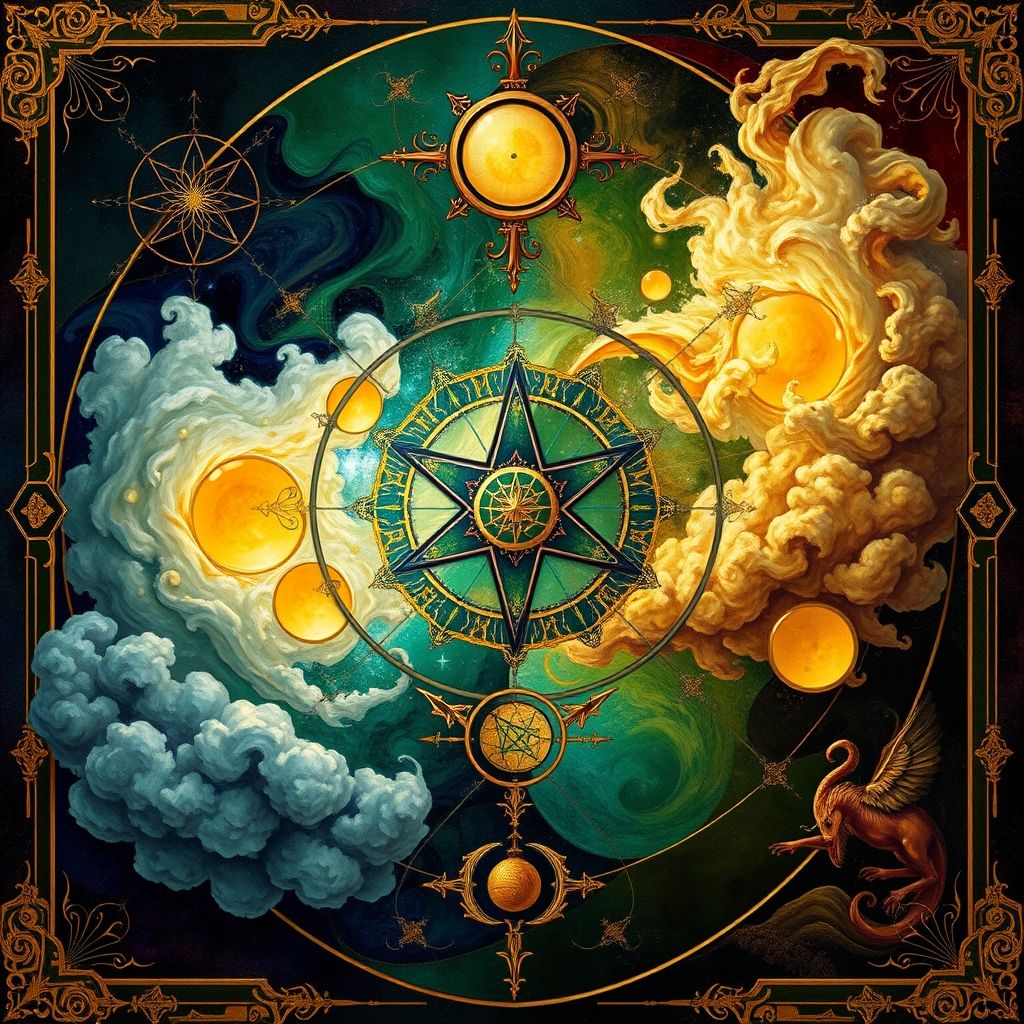 Una pintura que combina símbolos alquímicos con motivos renacentistas y elementos de fantasía. Los símbolos abstractos están dispuestos en una composición geométrica, con colores ricos y texturas intrincadas, evocando una sensación de misterio y transformación.