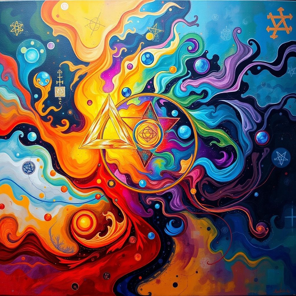 Una pintura abstracta inspirada en los principios herméticos, con formas interconectadas, símbolos alquímicos y colores vibrantes. La composición general transmite una sensación de unidad, interconexión y búsqueda de la iluminación espiritual.